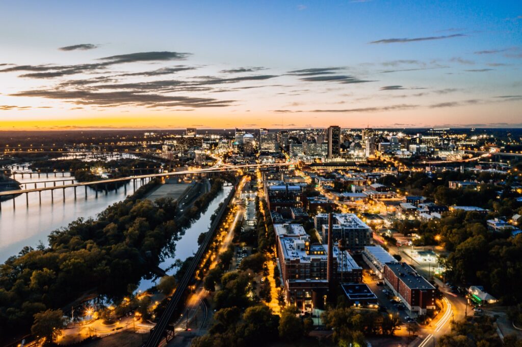 An aerial view of downtown Richmond for the guide on Central Virginia Property Management